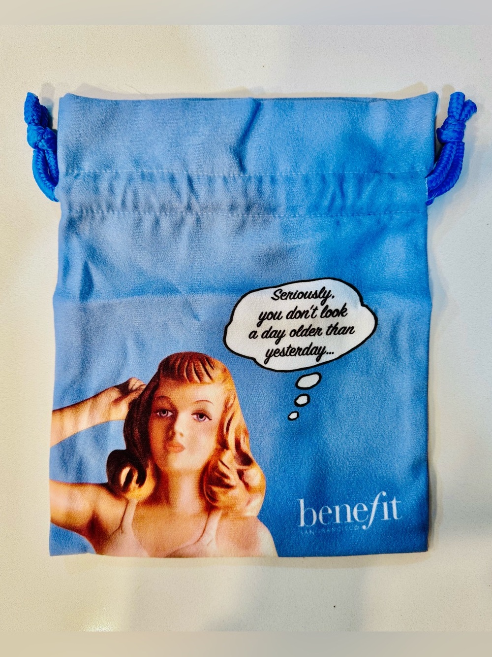 Benefit Retro Blue Drawstring Cosmetic Pouch_ Drawstring Bag_NWOT